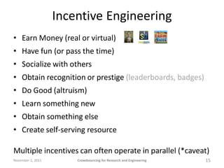 Incentive Engineering
• Earn Money (real or virtual)
• Have fun (or pass the time)
• Socialize with others
• Obtain recogn...