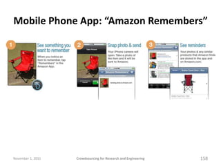 Mobile Phone App: “Amazon Remembers”




November 1, 2011   Crowdsourcing for Research and Engineering   158
 