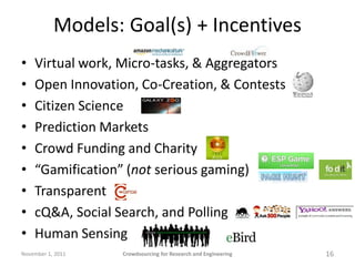 Models: Goal(s) + Incentives
•   Virtual work, Micro-tasks, & Aggregators
•   Open Innovation, Co-Creation, & Contests
•  ...