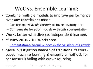 WoC vs. Ensemble Learning
• Combine multiple models to improve performance
  over any constituent model
   – Can use many ...