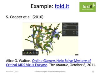 Example: fold.it
S. Cooper et al. (2010)




Alice G. Walton. Online Gamers Help Solve Mystery of
Critical AIDS Virus Enzy...
