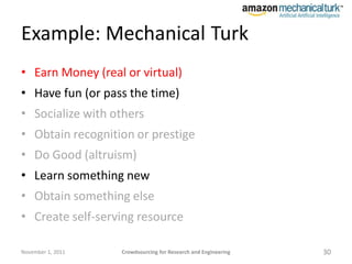 Example: Mechanical Turk
• Earn Money (real or virtual)
• Have fun (or pass the time)
• Socialize with others
• Obtain rec...