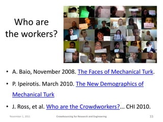 Who are
the workers?


• A. Baio, November 2008. The Faces of Mechanical Turk.
• P. Ipeirotis. March 2010. The New Demogra...