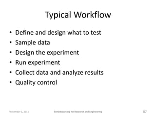 Typical Workflow
•   Define and design what to test
•   Sample data
•   Design the experiment
•   Run experiment
•   Colle...