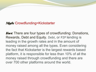 M
yth: Crowdfunding=Kickstarter
F
act: There are four types of crowdfunding: Donations,
Rewards, Debt and Equity. Debt, or Р2Р lending is
leading in the growth rates and in the amount of
money raised among all the types. Even considering
the fact that Kickstarter is the largest rewards based
platform, it is responsible for less than 10% of all the
money raised through crowdfunding and there are
over 700 other platforms around the world.

 