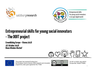 This project has received funding from
the European Union’s Horizon 2020 research and innovation
programme under grant agreement No 77006
CC BY 4.0 DOIT, http://DOIT-
Europe.Net, H2020-770063
1
Entrepreneurialskillsforyoungsocialinnovators
-TheDOITproject
CrowddialogEurope–Vienna2018
18.October2018
DianaWieden-Bischof
 