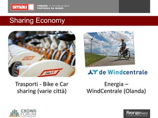 Sharing Economy
Trasporti - Bike e Car
sharing (varie città)
Energia –
WindCentrale (Olanda)
 