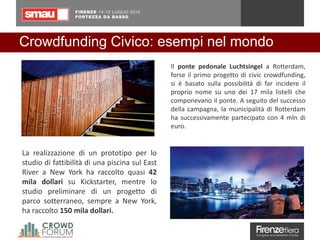 Crowdfunding Civico: esempi nel mondo
Il ponte pedonale Luchtsingel a Rotterdam,
forse il primo progetto di civic crowdfunding,
si è basato sulla possibilità di far incidere il
proprio nome su uno dei 17 mila listelli che
componevano il ponte. A seguito del successo
della campagna, la municipalità di Rotterdam
ha successivamente partecipato con 4 mln di
euro.
La realizzazione di un prototipo per lo
studio di fattibilità di una piscina sul East
River a New York ha raccolto quasi 42
mila dollari su Kickstarter, mentre lo
studio preliminare di un progetto di
parco sotterraneo, sempre a New York,
ha raccolto 150 mila dollari.
 