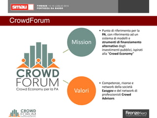 CrowdForum
Mission
• Punto di riferimento per la
PA, con riferimento ad un
sistema di modelli e
strumenti di finanziamento
alternativo degli
investimenti pubblici, ispirati
alla “Crowd Economy”
Valori
• Competenze, risorse e
network della società
Easygov e del network di
professionisti Crowd
Advisors
 