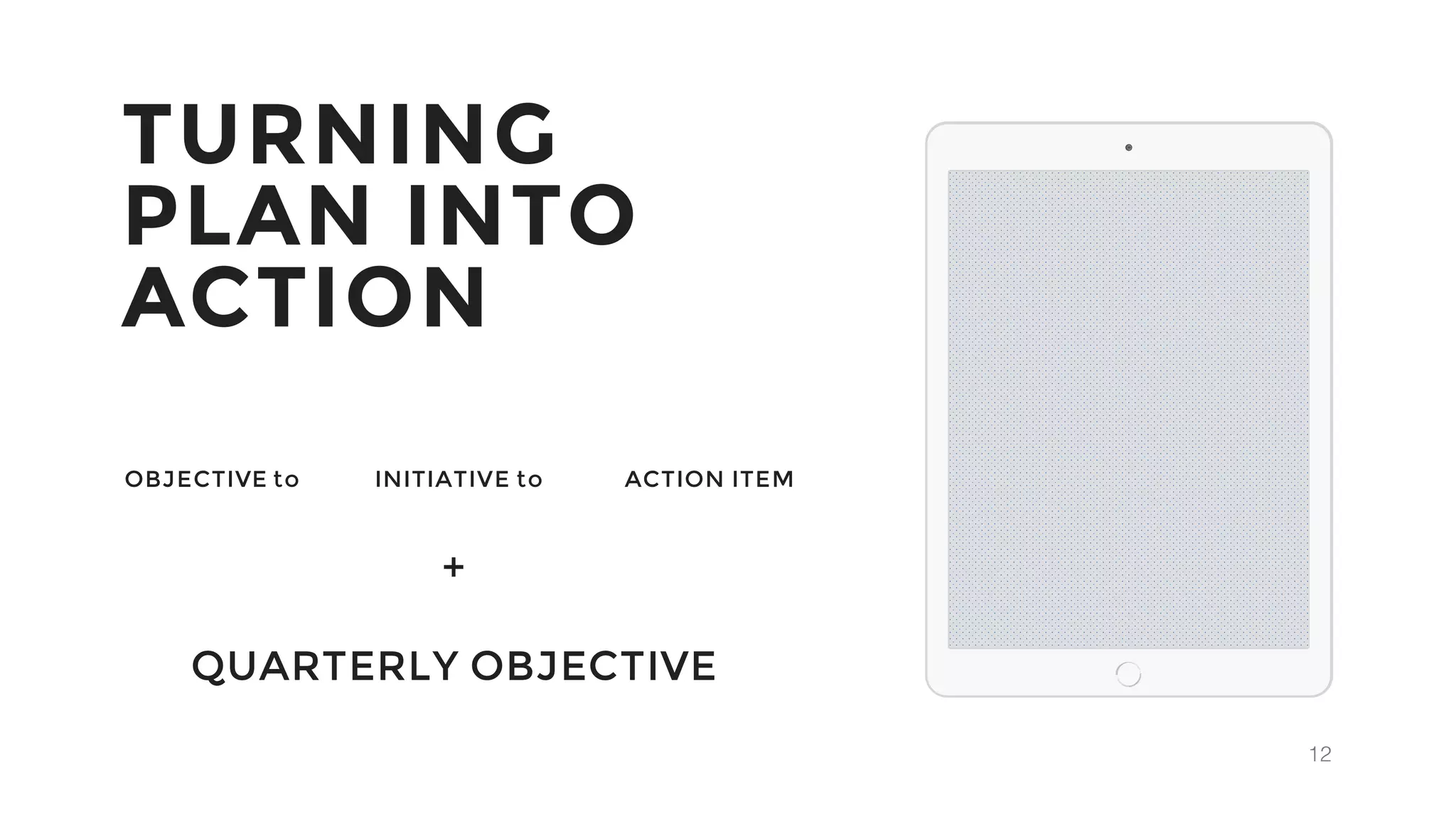 12
TURNING
PLAN INTO
ACTION
OBJECTIVE to INITIATIVE to ACTION ITEM
QUARTERLY OBJECTIVE
+
 
