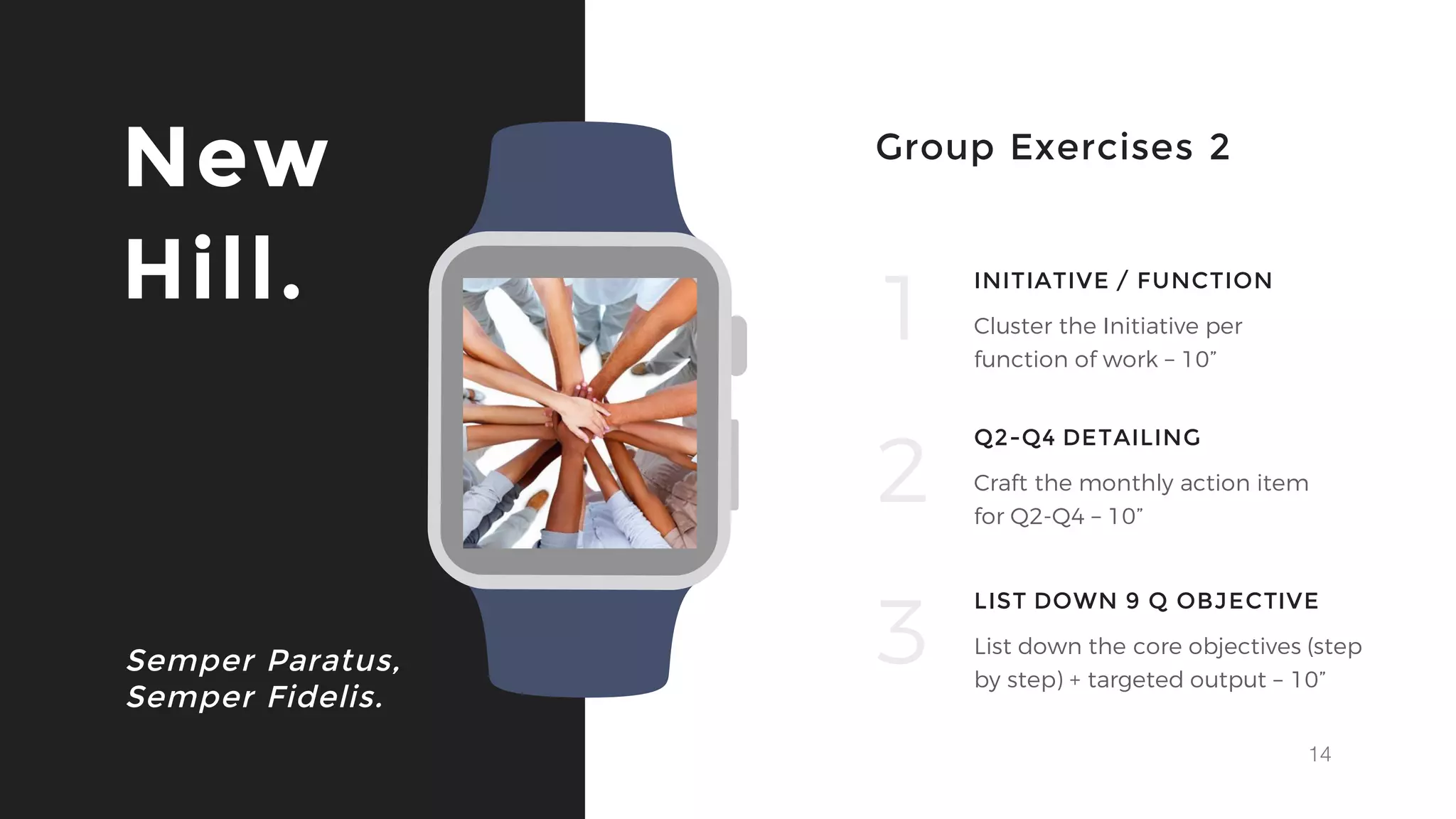 14
New
Hill.
Group Exercises 2
Cluster the Initiative per
function of work – 10”
INITIATIVE / FUNCTION
LIST DOWN 9 Q OBJECTIVE
List down the core objectives (step
by step) + targeted output – 10”
1
2
3Semper Paratus,
Semper Fidelis.
Q2-Q4 DETAILING
Craft the monthly action item
for Q2-Q4 – 10”
 
