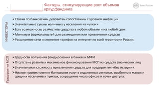 Ставки по банковским депозитам сопоставимы с уровнем инфляции
Значительные суммы наличных у населения «в чулках»
Есть возможность разместить средства в любом объеме и на любой срок
Минимум формальностей для размещения или привлечения средств
Расширение сети и снижение тарифов на интернет по всей территории России.
Трудности получения фондирования в банках и МФИ
Отсутствие развитых механизмов финансирования МСП из средств физических лиц
Значительная сложность привлечения средств для предприятия «без истории».
Низкое проникновение банковских услуг в отдаленных регионах, особенно в малых и
средних населенных пунктах, сокращение числа офисов и точек доступа.
3
Факторы, стимулирующие рост объемов
краудфандинга
ИНВЕСТОРЫПредприятияМСП
 