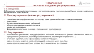 8
Предложения
по этапам введения регулирования
I. Наблюдение:
Добровольное взаимодействие площадок с регулятором опросы участников рынка Оценка рисков и их влияния
на финансовый рынок в целом.
II. Пре-регулирование (мягкое регулирование):
• классификация краудфандинговых площадок с точки зрения необходимости их регулирования.
• регистрация;
• формирование минимальных требований;
• обязательная ежеквартальная отчетность
• раскрытие информации
• формирование критериев перехода к полноценному регулированию:
III. Регулирование
• установление требований к краудфандинговой площадке: минимальный размер собственного капитала,
корпоративное управление, система риск менеджмента, защита прав потребителей…;
• отчетность о деятельности и финансовом состоянии площадки;
• ограничение или запрет на оказание площадкой рекламных услуг клиентам;
• ограничение типов ценных бумаг, которые могут предлагаться на площадке.
 