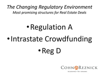 The Changing Regulatory Environment
Most promising structures for Real Estate Deals
•Regulation A
•Intrastate Crowdfunding
•Reg D
 