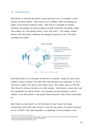 16
2.1 Solar Mosaic Co.
Solar Mosaic Co. takes the solar gardens concept and scales it up. It is essentially a crowd
sourcing investment platform, which investors use to contribute capital to developing any
number of solar projects around the country. Solar Mosaic is responsible for selecting,
developing and managing the project, navigating the legal environment (in particular dealing
with securities law), and ensuring investors receive their return15. The company connects
investors with solar projects, facilitating and managing the process for a fee. The model
according to the website:
Figure 2-1 Solar Mosaic investment model16
Solar Mosaic plays less of a developer role and more of a financier, making low interest loans
available to project developers who satisfy their credit and project risk requirements as well as
solar leases to entities who choose to lease instead of buy—these entities agree to a PPA with
Solar Mosaic for as long as the panels are on their premises. Solar Mosaic’s revenues thus come
from management fees paid by investors, loan repayments and lease payments, as well as
collection of any other national or state specific financial incentives Solar Mosaic would qualify
for.
Solar Mosaic has been referred to as ‘the Kickstarter for solar’ because of its unique
crowdsourcing model which allows investors to enter the solar market with minimal investment
(as low as US$25). Their value proposition is an opportunity for all to participate in and
15
Konkle, D.,A Guidebook for Community Solar Programs in Michigan Communities,February 2014,Great Lakes Renewable Energy
Associationunder a grant from theMEDC – Michigan Energy Office
16
Source: https://joinmosaic.com/invest-in-solar
 