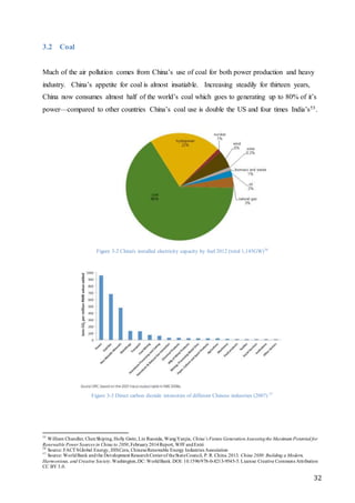 32
3.2 Coal
Much of the air pollution comes from China’s use of coal for both power production and heavy
industry. China’s appetite for coal is almost insatiable. Increasing steadily for thirteen years,
China now consumes almost half of the world’s coal which goes to generating up to 80% of it’s
power—compared to other countries China’s coal use is double the US and four times India’s55.
Figure 3-2 China's installed electricity capacity by fuel 2012 (total 1,145GW)56
Figure 3-3 Direct carbon dioxide intensities of different Chinese industries (2007) 57
55
William Chandler, ChenShiping, Holly Gwin, Lin Ruosida, WangYanjia, China’s Future GenerationAssessingthe Maximum Potential for
Renewable Power Sources in China to 2050,February2014Report, WFF andEntri
56
Source: FACTSGlobal Energy, IHSCera, ChineseRenewable Energy Industries Association
57
Source: WorldBank andthe Development ResearchCenterof theStateCouncil, P. R. China.2013. China 2030:Building a Modern,
Harmonious, and Creative Society.Washington,DC: WorldBank.DOI: 10.1596/978-0-8213-9545-5. License: Creative Commons Attribution
CC BY 3.0.
 