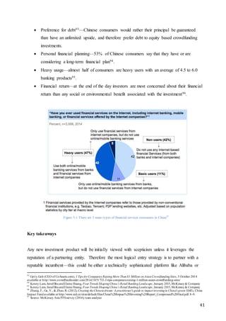 41
 Preference for debt93—Chinese consumers would rather their principal be guaranteed
than have an unlimited upside, and therefore prefer debt to equity based crowdfunding
investments.
 Personal financial planning—53% of Chinese consumers say that they have or are
considering a long-term financial plan94.
 Heavy usage—almost half of consumers are heavy users with an average of 4.5 to 6.0
banking products95.
 Financial return—at the end of the day investors are most concerned about their financial
return than any social or environmental benefit associated with the investment96.
Figure 5-1 There are 3 main types of financial services consumers in China97
Key takeaways
Any new investment product will be initially viewed with scepticism unless it leverages the
reputation of a partnering entity. Therefore the most logical entry strategy is to partner with a
reputable incumbent—this could be either a technically sophisticated platform like Alibaba or
93
Getty Goh (CEO of CoAssets.com), 3 Tips for Companies RaisingMore Than$1 Million onAsianCrowdfundingSites, 5 October 2014
available at http://www.crowdfundinsider.com/2014/10/51733-3-tips-companies-raising-1-million-asian-crowdfunding-sites/
94
Kenny Lam, JaredShuandElaine Huang, Four Trends ShapingChina’s Retail BankingLandscape, January 2015,McKinsey& Company
95
Kenny Lam, JaredShuandElaine Huang, Four Trends ShapingChina’s Retail BankingLandscape, January 2015,McKinsey& Company
96
Zhang, T., Ge, Y., & Zhao, R. (2012), Creating theChinesedream: A practitioner's guide to impact investingin China's green SMEs, China
Impact Fundavailable at http://www.ied.cn/sites/default/files/China%20Impact%20Investing%20Report_Compressed%20Final.pdf. 8-9.
97
Source: McKinsey Asia PFSsurvey (2014); team analysis
 