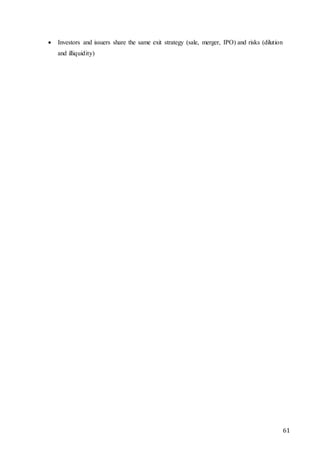 61
 Investors and issuers share the same exit strategy (sale, merger, IPO) and risks (dilution
and illiquidity)
 