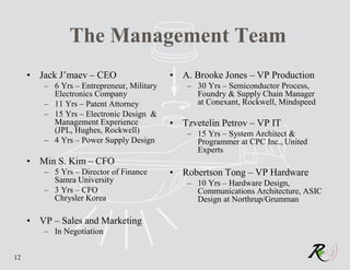 The Management Team
     • Jack J’maev – CEO                   • A. Brooke Jones – VP Production
        – 6 Yrs – Entrepreneur, Military       – 30 Yrs – Semiconductor Process,
          Electronics Company                    Foundry & Supply Chain Manager
        – 11 Yrs – Patent Attorney               at Conexant, Rockwell, Mindspeed
        – 15 Yrs – Electronic Design &
          Management Experience            • Tzvetelin Petrov – VP IT
          (JPL, Hughes, Rockwell)              – 15 Yrs – System Architect &
        – 4 Yrs – Power Supply Design            Programmer at CPC Inc., United
                                                 Experts
     • Min S. Kim – CFO
        – 5 Yrs – Director of Finance      • Robertson Tong – VP Hardware
          Samra University                     – 10 Yrs – Hardware Design,
        – 3 Yrs – CFO                            Communications Architecture, ASIC
          Chrysler Korea                         Design at Northrup/Grumman

     • VP – Sales and Marketing
        – In Negotiation


12
 