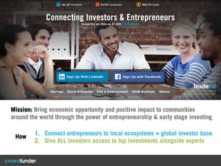 1.  Connect entrepreneurs to local ecosystems + global investor base
2.  Give ALL investors access to top investments alongside experts
Mission: Bring economic opportunity and positive impact to communities
around the world through the power of entrepreneurship & early stage investing
How !
 