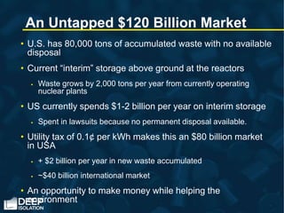 An Untapped $120 Billion Market
• U.S. has 80,000 tons of accumulated waste with no available
disposal
• Current “interim” storage above ground at the reactors
 Waste grows by 2,000 tons per year from currently operating
nuclear plants
• US currently spends $1-2 billion per year on interim storage
 Spent in lawsuits because no permanent disposal available.
• Utility tax of 0.1¢ per kWh makes this an $80 billion market
in USA
 + $2 billion per year in new waste accumulated
 ~$40 billion international market
• An opportunity to make money while helping the
environment
 