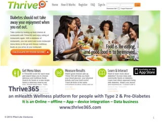 © 2013 Pilot Lite Ventures 1
Thrive365
an mHealth Wellness platform for people with Type 2 & Pre-Diabetes
It is an Online – offline – App – device integration – Data business
www.thrive365.com
 