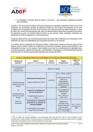 Guide du financement participatif (crowdfunding) à destination des plates-formes et porteurs de projets 3 / 13
Publié le 14 mai 2013
 La dérogation « éventail limité de biens ou services » : une exemption d’agrément possible
sous conditions
L’article L. 521-3 du code monétaire et financier prévoit une exemption d’agrément dans le cas d’une
entreprise, qui fournit des services de paiement fondés sur des moyens de paiement qui ne sont
acceptés, pour l’acquisition de biens ou de services, que dans les locaux de cette entreprise ou, dans
le cadre d’un accord commercial avec elle, dans un réseau limité de personnes acceptant ces moyens
de paiement ou pour un éventail limité de biens ou de services. Cette exemption nécessite une
déclaration à l’ACP qui dispose d’un droit d’opposition.
Certaines plates-formes de crowdfunding permettent de verser des contributions en contrepartie d’une
rétribution en nature se matérialisant par l’acquisition de biens ou de services.
A condition que la contrepartie soit clairement définie, suffisamment certaine et que sa valeur soit en
rapport avec la somme versée, le contributeur pourrait être considéré comme ayant procédé à une
acquisition d’un bien ou d’un service. Sous réserve qu’un site de crowdfunding soit spécialisé dans
une offre thématique suffisamment précise, une déclaration d’exemption sur le fondement de l’éventail
limité de biens ou services pourrait être adressée aux services de l’ACP.
DONS ou CONTRIBUTIONS POUVANT DONNER LIEU A DES CONTREPARTIES DIVERSES
Services de
paiement
Statut
2
Agrément / Immatriculation
Capital
minimum
Règles
d’organisation
Règles de
bonne
conduite
Pas d’encaissement
de fonds pour
compte de tiers
Activité non régulée
Encaissements de
fonds pour compte
de tiers
ou
Encaissements de
fonds pour compte
de tiers
+
Prêts non
rémunérés
Établissement de paiement
Agrément délivré par l’ACP
125 000 €
Art. L. 522-6, II CMF
Arrêté du 29 octobre
2009 sur la
réglementation
prudentielle des
établissements de
paiement
-
Agent d’un prestataire de
service de paiement
Enregistrement auprès de
l’ACP
-
Responsabilité de
l’établissement
mandant
(Art. L. 523-1 à L.
523-6 CMF)
-
Intermédiaire en opérations
de banque et en services de
paiement (IOBSP)
Immatriculation sur le registre
unique tenu par l’ORIAS
-
Obligation de
détention d’une
garantie financière
pour les fonds
confiés par les tiers
(Art. L. 519-4 CMF)
Art. L. 519-4-1
et suivants du
CMF
2
C’est au regard des activités pratiquées et des partenariats noués que doit être choisi au sein du tableau la ligne
correspondant au statut à adopter. Il faut alors prendre en considération les exigences en termes de capital minimum, de règles
d’organisation et de règles de bonne conduite spécifiques à chaque statut.
 