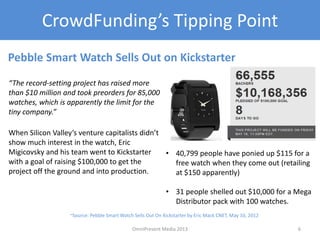 CrowdFunding’s Tipping Point
6
When Silicon Valley’s venture capitalists didn’t
show much interest in the watch, Eric
Migicovsky and his team went to Kickstarter
with a goal of raising $100,000 to get the
project off the ground and into production.
• 40,799 people have ponied up $115 for a
free watch when they come out (retailing
at $150 apparently)
• 31 people shelled out $10,000 for a Mega
Distributor pack with 100 watches.
Pebble Smart Watch Sells Out on Kickstarter
“The record-setting project has raised more
than $10 million and took preorders for 85,000
watches, which is apparently the limit for the
tiny company.”
~Source: Pebble Smart Watch Sells Out On Kickstarter by Eric Mack CNET, May 10, 2012
OmniPresent Media 2013
 