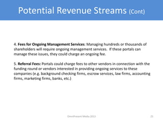 25
4. Fees for Ongoing Management Services: Managing hundreds or thousands of
shareholders will require ongoing management services. If these portals can
manage these issues, they could charge an ongoing fee.
5. Referral Fees: Portals could charge fees to other vendors in connection with the
funding round or vendors interested in providing ongoing services to these
companies (e.g. background checking firms, escrow services, law firms, accounting
firms, marketing firms, banks, etc.)
Potential Revenue Streams (Cont)
OmniPresent Media 2013
 