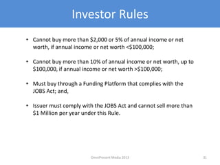 Investor Rules
• Cannot buy more than $2,000 or 5% of annual income or net
worth, if annual income or net worth <$100,000;
• Cannot buy more than 10% of annual income or net worth, up to
$100,000, if annual income or net worth >$100,000;
• Must buy through a Funding Platform that complies with the
JOBS Act; and,
• Issuer must comply with the JOBS Act and cannot sell more than
$1 Million per year under this Rule.
31OmniPresent Media 2013
 