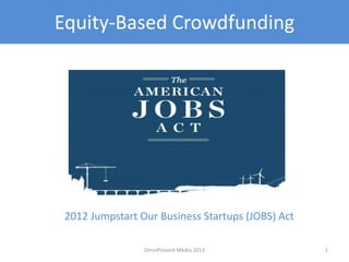 Equity-Based Crowdfunding
2012 Jumpstart Our Business Startups (JOBS) Act
1OmniPresent Media 2013
 