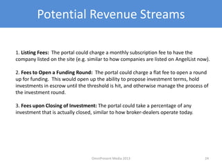 Potential Revenue Streams
24
1. Listing Fees: The portal could charge a monthly subscription fee to have the
company listed on the site (e.g. similar to how companies are listed on AngelList now).
2. Fees to Open a Funding Round: The portal could charge a flat fee to open a round
up for funding. This would open up the ability to propose investment terms, hold
investments in escrow until the threshold is hit, and otherwise manage the process of
the investment round.
3. Fees upon Closing of Investment: The portal could take a percentage of any
investment that is actually closed, similar to how broker-dealers operate today.
OmniPresent Media 2013
 