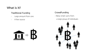 What is it?
Traditional Funding
- Large amount from one
- A few source
CrowdFunding
- Many small sums from
a large group of individuals
 