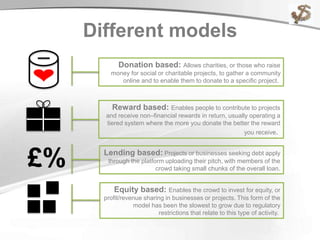 Different models
£%
Equity based: Enables the crowd to invest for equity, or
profit/revenue sharing in businesses or projects. This form of the
model has been the slowest to grow due to regulatory
restrictions that relate to this type of activity.
Lending based: Projects or businesses seeking debt apply
through the platform uploading their pitch, with members of the
crowd taking small chunks of the overall loan.
Reward based: Enables people to contribute to projects
and receive non–financial rewards in return, usually operating a
tiered system where the more you donate the better the reward
you receive.
Donation based: Allows charities, or those who raise
money for social or charitable projects, to gather a community
online and to enable them to donate to a specific project.
 