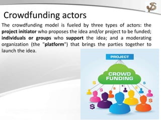 Crowdfunding actors
The crowdfunding model is fueled by three types of actors: the
project initiator who proposes the idea and/or project to be funded;
individuals or groups who support the idea; and a moderating
organization (the "platform") that brings the parties together to
launch the idea.
 