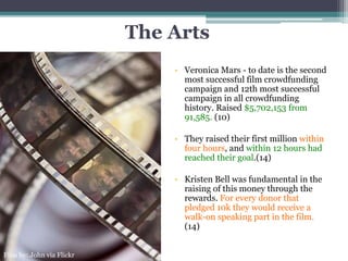 The Arts
• Veronica Mars - to date is the second
most successful film crowdfunding
campaign and 12th most successful
campaign in all crowdfunding
history. Raised $5,702,153 from
91,585. (10)
• They raised their first million within
four hours, and within 12 hours had
reached their goal.(14)
• Kristen Bell was fundamental in the
raising of this money through the
rewards. For every donor that
pledged 10k they would receive a
walk-on speaking part in the film.
(14)
Film by: John via Flickr
 