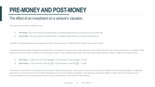Crowdfunding Slide number 26
PRE-MONEYAND POST-MONEY
Two important concepts in valuations are:
1. Pre-money - This is the venture’s valuation before it receives outside finance or the latest round of financing.
2. Post-money - This is the venture’s valuation after it receives outside finance or its latest capital injection.
Consider the example where everyone agrees the value of the company is £1,000 and that investors want to put in £250.
The ownership percentage will depend on whether this is a £1,000 pre-money or post-money valuation. If the £1,000 valuation is pre-money, the venture is valued at £1,000
before the investment and £1,250 after the investment is made. If the £1,000 valuation takes into account the £250 investment, then it is referred to as post-money.
1. Pre-money – £1,000 (venture’s share @ 80%) + £250 (investors’ share @ 20%) = £1,250
2. Post-money – £750 (venture’s share @ 75%) + £250 (investor’s share @ 25%) = £1,000
The dilution of ownership is an important issue during the capital raising process. Pre-money or post-money valuations can affect the ownership percentage in a significant
way due to its impact on the amount of value being placed on the venture before investment. If the venture is valued at £1,000, it is worth more if the valuation is pre-
money compared to post-money because the pre-money valuation does not include the £250 invested.
The effect of an investment on a venture’s valuation
 