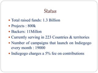 Status
 Total raised funds: 1.3 Billion
 Projects : 800k
 Backers: 11Millon
 Currently serving in 223 Countries & territories
 Number of campaigns that launch on Indiegogo
every month : 19000
 Indiegogo charges a 5% fee on contributions
 