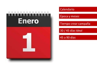 Calendario 
Época y meses 
Tiempo crear campaña 
30 / 45 días ideal 
45 a 90 días 
 