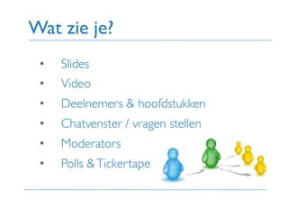 •  Slides!
•  Video!
•  Deelnemers & hoofdstukken!
•  Chatvenster / vragen stellen!
•  Moderators!
•  Polls &Tickertape!
Wat zie je?!
 