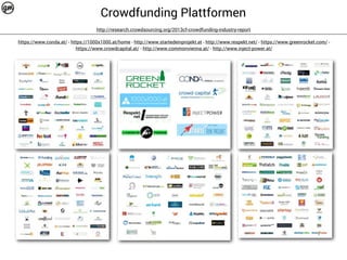 Crowdfunding Plattformen 
http://research.crowdsourcing.org/2013cf-crowdfunding-industry-report 
https://www.conda.at/ - https://1000x1000.at/home - http://www.startedeinprojekt.at - http://www.respekt.net/ - https://www.greenrocket.com/ - 
https://www.crowdcapital.at/ - http://www.commonvienna.at/ - http://www.inject-power.at/ 
 