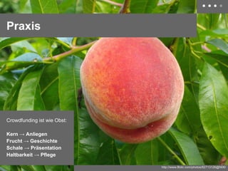 Praxis

Crowdfunding ist wie Obst:
Kern → Anliegen
Frucht → Geschichte
Schale → Präsentation
Haltbarkeit → Pflege
http://www.flickr.com/photos/82713126@N06/

 