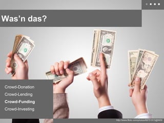 Was’n das?

Crowd-Donation
Crowd-Lending
Crowd-Funding
Crowd-Investing
http://www.flickr.com/photos/68751915@N05/

 