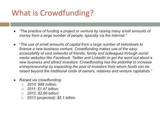 What+is+Crowdfunding?
● “The practice of funding a project or venture by raising many small amounts of
money from a large number of people, typically via the Internet.”
!
● “The use of small amounts of capital from a large number of individuals to
finance a new business venture. Crowdfunding makes use of the easy
accessibility of vast networks of friends, family and colleagues through social
media websites like Facebook, Twitter and LinkedIn to get the word out about a
new business and attract investors. Crowdfunding has the potential to increase
entrepreneurship by expanding the pool of investors from whom funds can be
raised beyond the traditional circle of owners, relatives and venture capitalists.”
!
● Raised via crowdfunding:
○ 2010: $89 million;
○ 2011: $1.47 billion;
○ 2012: $2.66 billion;
○ 2013 (projected): $5.1 billion.
 