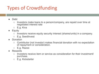 Types+of+Crowdfunding
● Debt
○ Investors make loans to a person/company, are repaid over time at
negotiated interest rate
○ E.g. Kiva
● Equity
○ Investors receive equity security interest (shares/units) in a company.
○ E.g. SeedInvest
● Donation
○ Contributor (not investor) makes financial donation with no expectation
of repayment or consideration.
○ E.g. Razoo
● Rewards
○ Investors receive item or service as consideration for their investment/
purchase.
○ E.g. Kickstarter
 