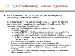 Equity+Crowdfunding:+Federal+Regulation
● The JOBS Act authorized the SEC to issue rules governing equity-
crowdfunding to unaccredited investors.
!
● On October 23, 2013, the SEC proposed new rules to permit the offer and
sale of securities through internet crowdfunding without Securities Act
registration (Regulation Crowdfunding):
○ Issuer Total Offering:$1 Million During Any 12-Month Period;
○ Individual Investor Limit:
■ greater of $2,000 or 5% of the investor’s annual income or net worth,if the
annual income or net worth of the investor is less than $100,000; or
■ the greater of 10% of the investor’s annual income or net worth (not to exceed
an amount sold of $100,000), if the investor’s annual income or net worth is
$100,000 or more.
○ Must distribute via crowdfunding portal or broker-dealer;
○ Disclosure requirements (officers, directors, and greater than 20%
shareholders;business and business plan;use of proceeds;target offering amount,
price of securities, and method of determining price; ownership and capital
structure)
○ 1-year restriction on resale unless sold in registered offering, to an accredited
investor, or to the company.
 