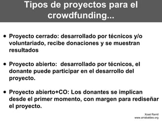Tipos de proyectos para el
            crowdfunding...

● Proyecto cerrado: desarrollado por técnicos y/o
  voluntariado, recibe donaciones y se muestran
  resultados

● Proyecto abierto: desarrollado por técnicos, el
  donante puede participar en el desarrollo del
  proyecto.

● Proyecto abierto+CO: Los donantes se implican
  desde el primer momento, con margen para rediseñar
  el proyecto.
                                                      Xosé Ramil
                                               www.arrabaldes.org
 