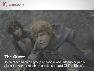 The Quest 
Tales of a dedicated group of people who encounter perils 
along the way to reach an ambitious (Lord Of The Rin...