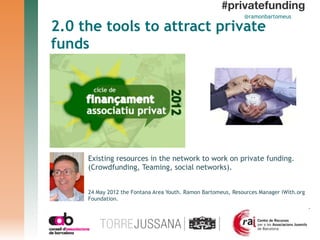 #privatefunding
                                                              @ramonbartomeus

2.0 the tools to attract private
funds




     Existing resources in the network to work on private funding.
     (Crowdfunding, Teaming, social networks).


     24 May 2012 the Fontana Area Youth. Ramon Bartomeus, Resources Manager iWith.org
     Foundation.
 
