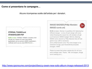 Come si presentano le campagne…
http://www.sponsume.com/project/beccy-owen-new-solo-album-imago-released-2013
Alcune ricompense scelte dall’artista per i donatori.
 